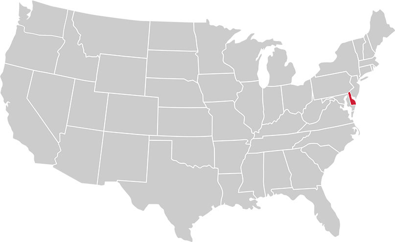United States map with state of Delaware highlighted in Red