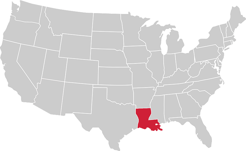 United States map with state of Louisiana highlighted in Red