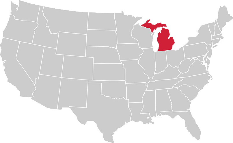 United States map with state of Michigan highlighted in Red