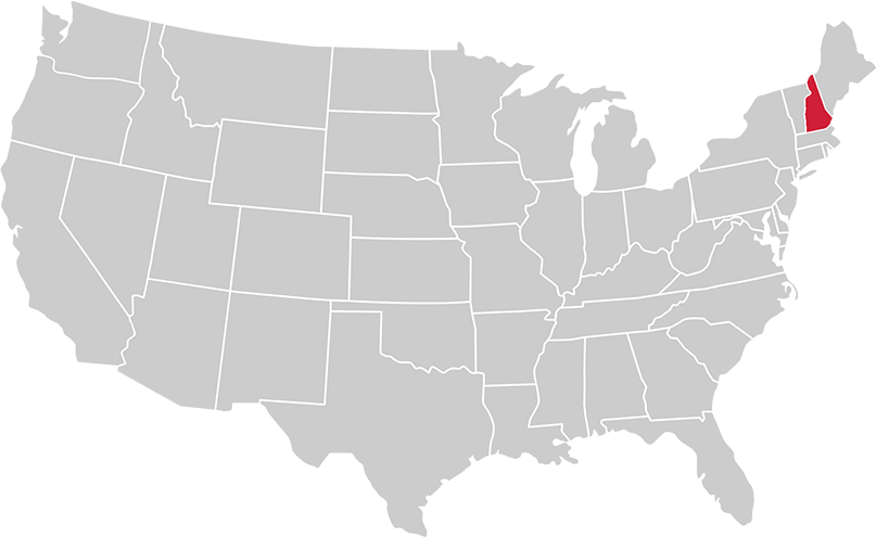 United States map with state of New Hampshire highlighted in Red